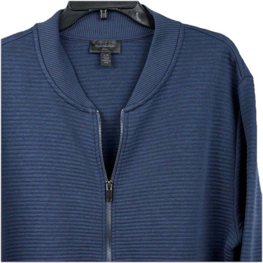 Magaschoni Man Men’s Rib Knit Full Zip Jacket Navy Pockets Large Casual Classic